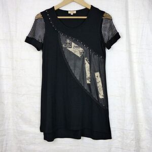 Vintage Y2K Black Goth Tunic Top Womens S Fishnet Sleeve Studded Grunge USA